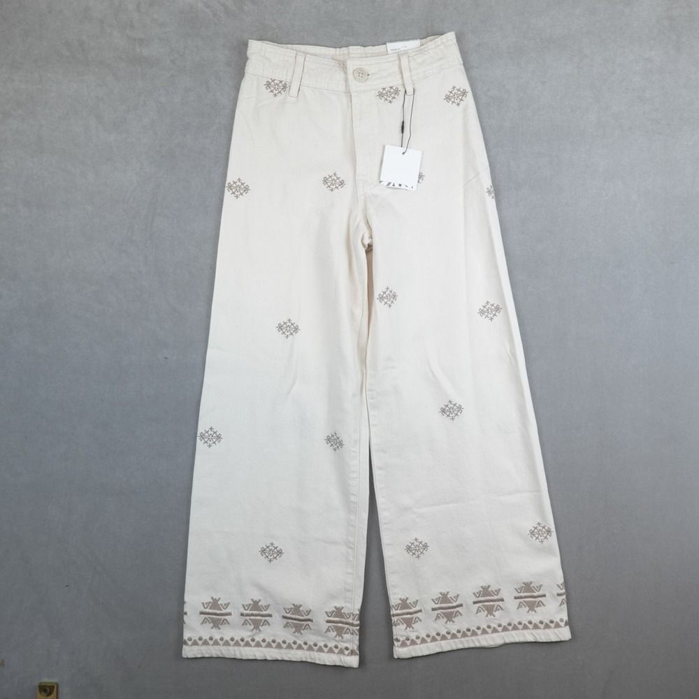 NWT ZARA Pants Marine High Rise Wide Leg Aztec Girls 11/12 Beige